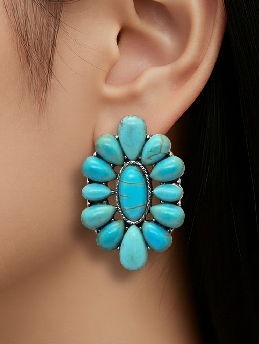 Turquoise Squash Blossom Earrings Western Coastal Cowgirl Boho Statement Jewelry